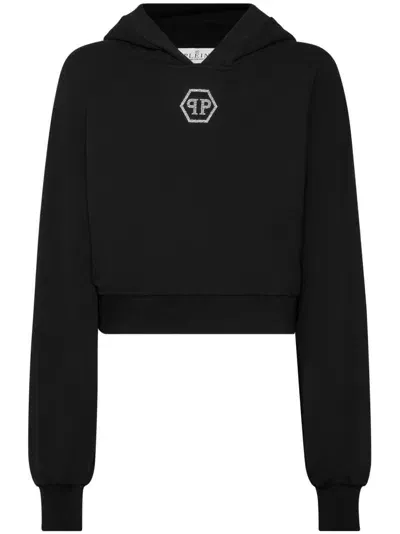 Philipp Plein Crystal-logo Cropped Hoodie In Schwarz