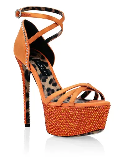 Philipp Plein Embellished Satin Platform Sandals In Orange