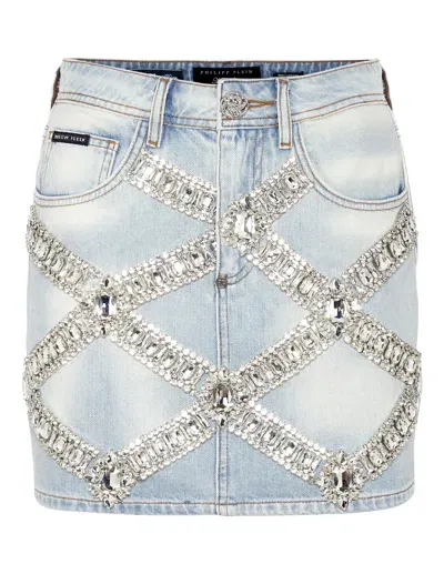 Philipp Plein Denim Brooch Mini-skirt In Multi