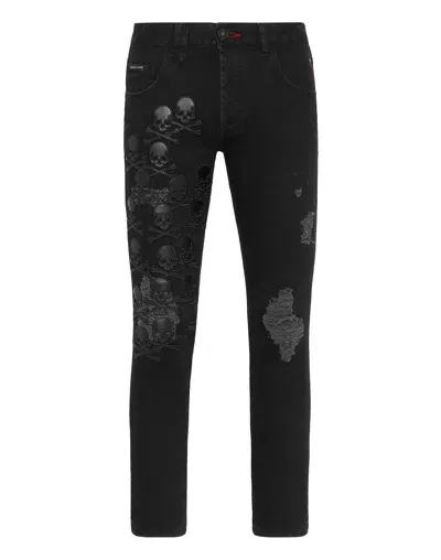 Philipp Plein Skull & Bones Logo-embroidered Ripped Jeans In Black