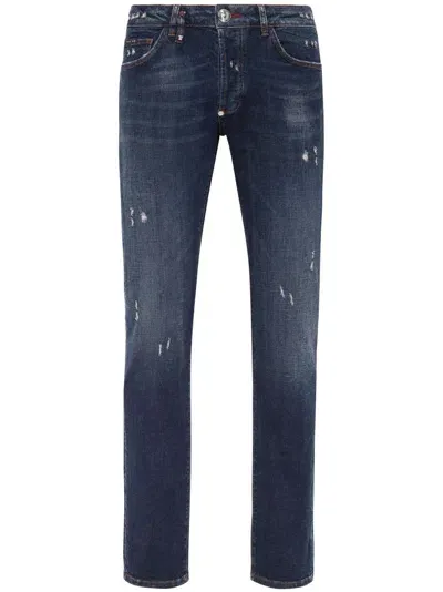 Philipp Plein Distressed Low-rise Skinny Jeans In Blue