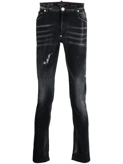 Philipp Plein Distressed Skinny-cut Jeans In Black