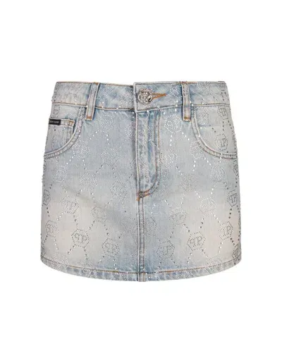 Philipp Plein Denim Mini Skirt With Rhinestone Monogram Motif In Blue