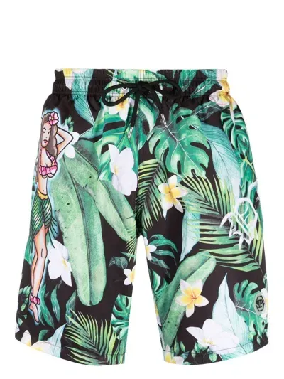 Philipp Plein Floral-print Swim Shorts In Green