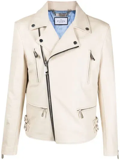 Philipp Plein Gothic Plein Leather Biker Jacket In Beige