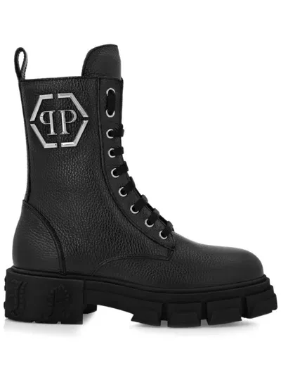 Philipp Plein Grained Leather Boots In Black