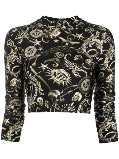 Philipp Plein Graphic-print Three-quarter Sleeve T-shirt In Black