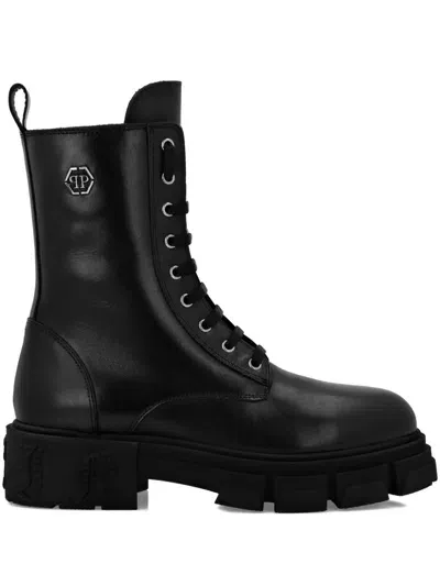 Philipp Plein Hexagon-logo Leather Boots In Black