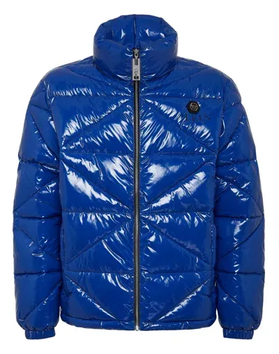 Philipp Plein Hexagon Logo-plaque Glossy Padded Jacket In Blue