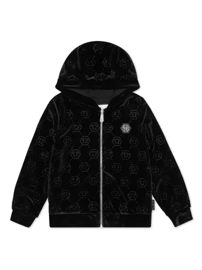 Philipp Plein Junior Kids' Logo-embellished Zipped Hoodie In Black