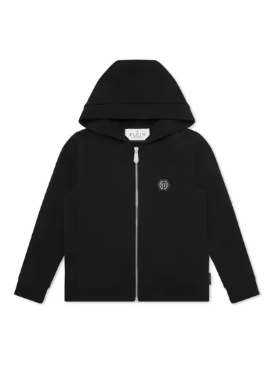 Philipp Plein Junior Kids' Logo-patch Zipped Hoodie In Black