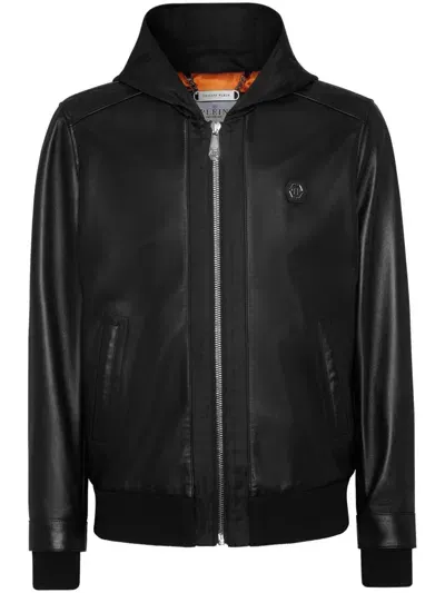 Philipp Plein Leather And Satin Hooded Bomber Jacket In Black