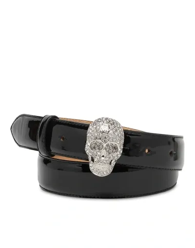 Philipp Plein Leather Belt Crystal Skull In Black