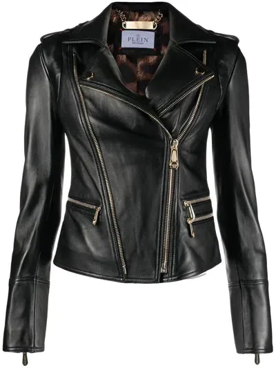 Philipp Plein Leather Biker Jacket In Black