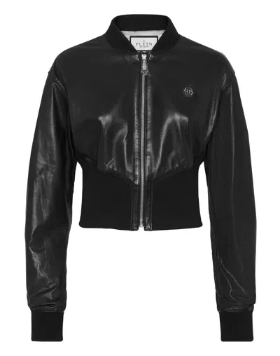 Philipp Plein Leather Bomber Jacket In Black