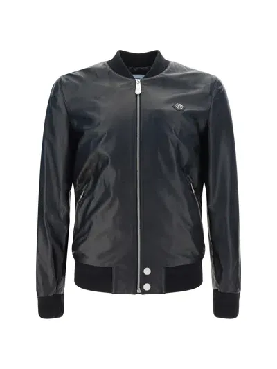 Philipp Plein Leather Bomber Jacket In Black