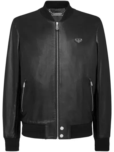 Philipp Plein Leather Bomber Jacket In Black