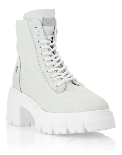 Philipp Plein Shearling Lined Lace-up Leather Ankle Boots In White