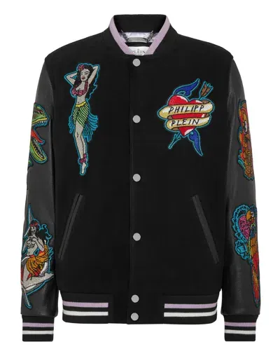 Philipp Plein Embellished College Bomber Jacket In Black