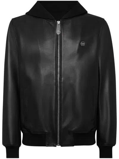 Philipp Plein Leather Hooded Jacket In Black