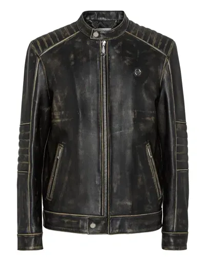 Philipp Plein Leder-bikerjacke Im Used-look In Black