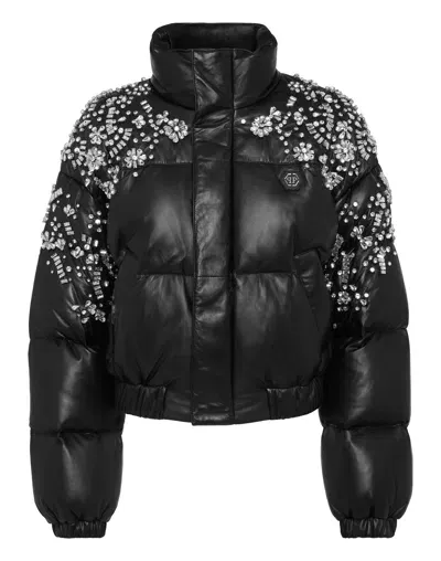 Philipp Plein Crystal-embellished Leather Puffer Jacket In Black