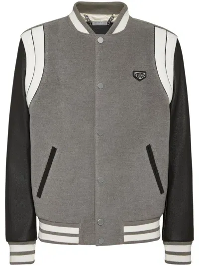 Philipp Plein Leather Sleeves Bomber Jacket In "10 Grey"