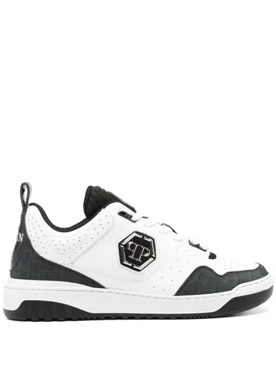 Philipp Plein Croco Printed Leather Lo-top Sneakers In White