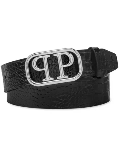 Philipp Plein Logo Buckle Leather Belt In Schwarz