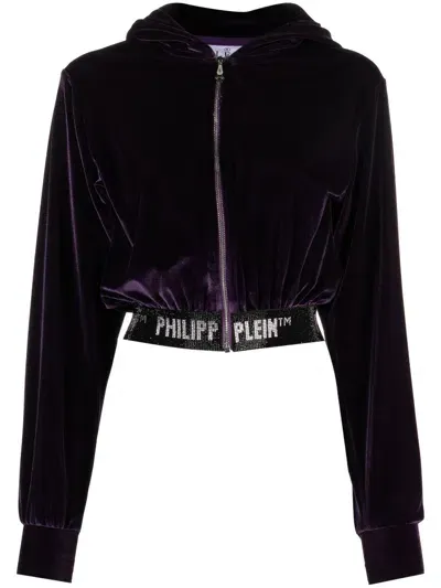 Philipp Plein Logo-embellishment Velour Hoodie In Purple