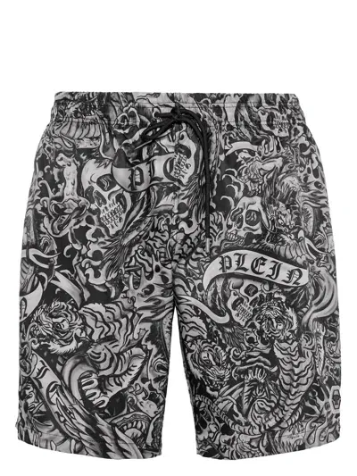 Philipp Plein Tattoo-print Drawstring Swim Shorts In Black