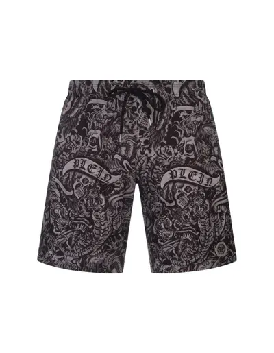 Philipp Plein Long Swim Boxers Tattoo In Black