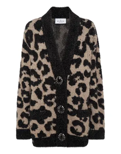 Philipp Plein Leopard-print Lurex Cardigan In Beige