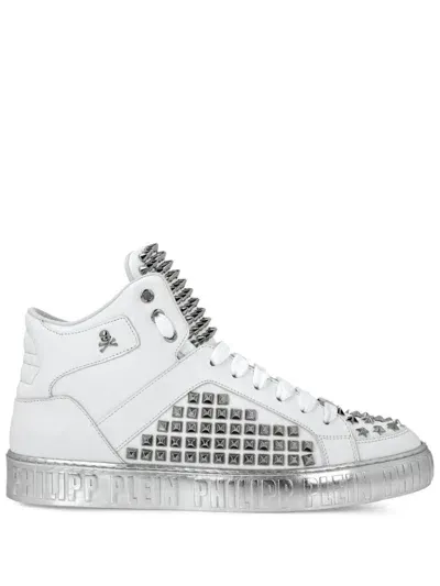 Philipp Plein Mid-top Leather Sneakers In White