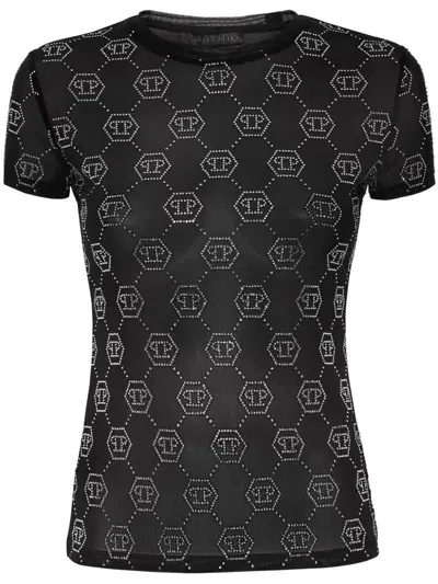 Philipp Plein Monogram Crystal-embellished T-shirt In "02 Black"