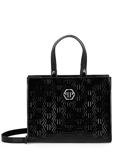 Philipp Plein Monogram Patent Tote Bag In Black