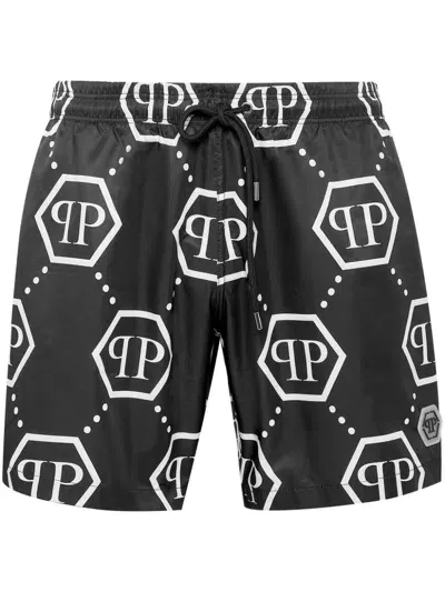 Philipp Plein Monogram Pattern Swim Shorts In Black