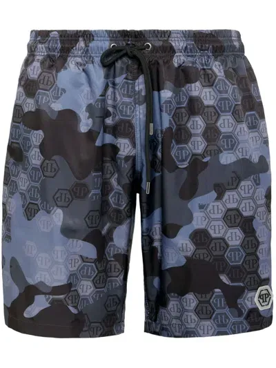 Philipp Plein Monogram Pattern Swim Shorts In Blue