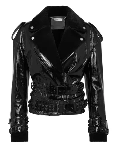 Philipp Plein Shearling-collar Patent-leather Jacket In Black