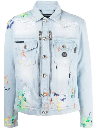 Philipp Plein Jeansjacke Mit Farbklecks-print In Blue