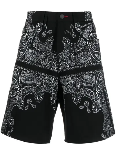 Philipp Plein Paisley-print Denim Bermuda Shorts In Black