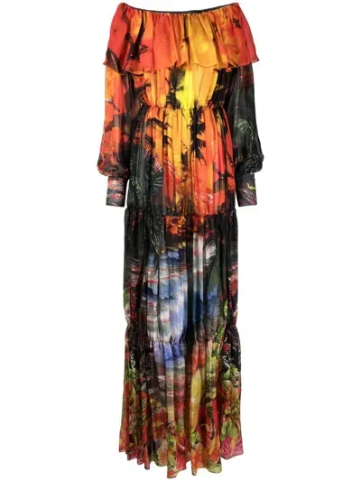 Philipp Plein Printed Pleated Maxi Dress In Orange