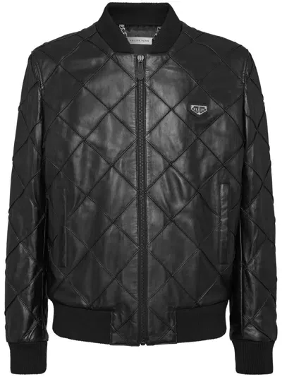 Philipp Plein Quilted Leather Bomber Jacket In "02 Black"