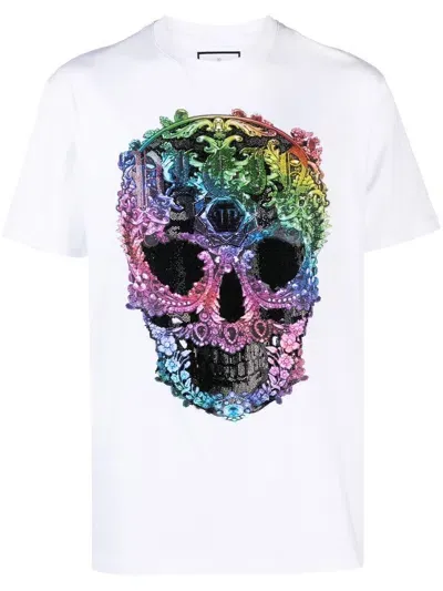 Philipp Plein T-shirt Mit Strassverziertem Totenkopf In White