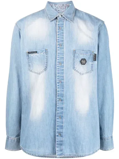 Philipp Plein Rhinestone Skull-print Denim Shirt In Blue