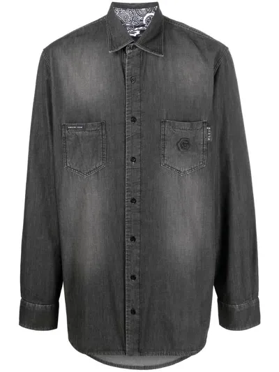 Philipp Plein Rhinestone Skull-print Denim Shirt In Grey