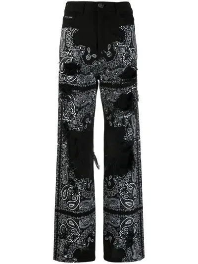 Philipp Plein Ripped Paisley-print Jeans In Black