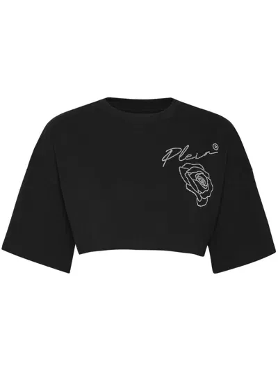 Philipp Plein Roses Crop Top In "02 Black"