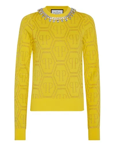 Philipp Plein Monogram Crystal-embellished Jumper In Yellow