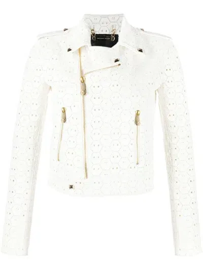 Philipp Plein Sangallo Leather Biker Jacket In White